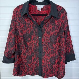 Fred David red and black lace printed button down shirt. Size 1X